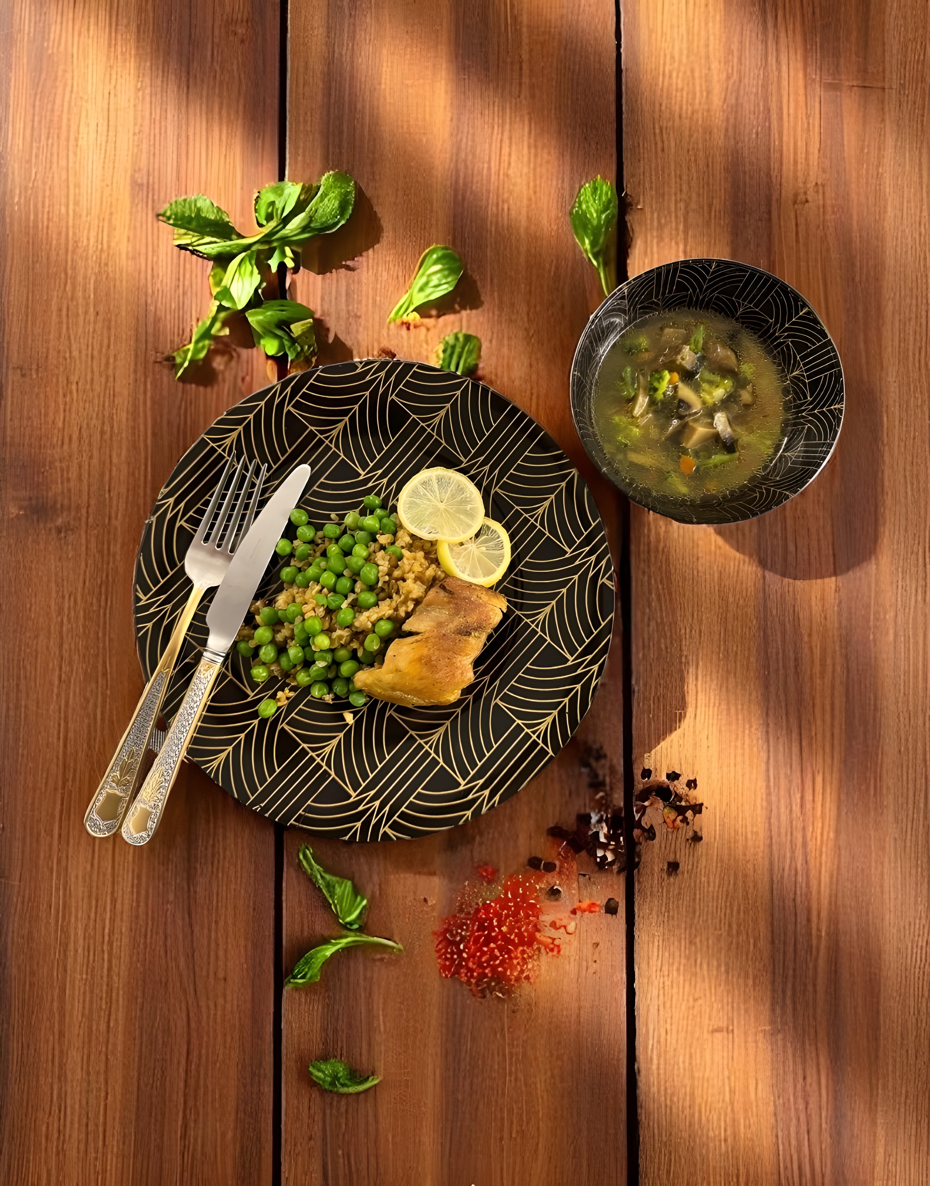 Dinner setting with a plate of food, soup, and cutlery on a wooden table.