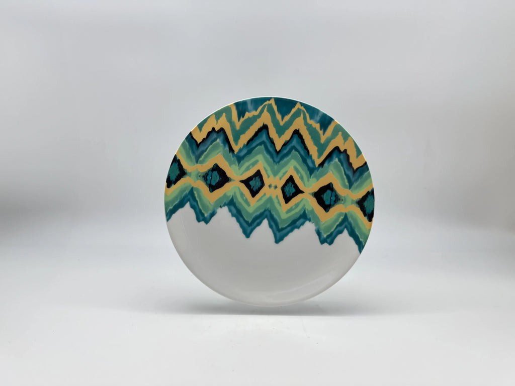 Aqua Zigzag porcelain dessert plate (21 cm) with teal and yellow geometric design