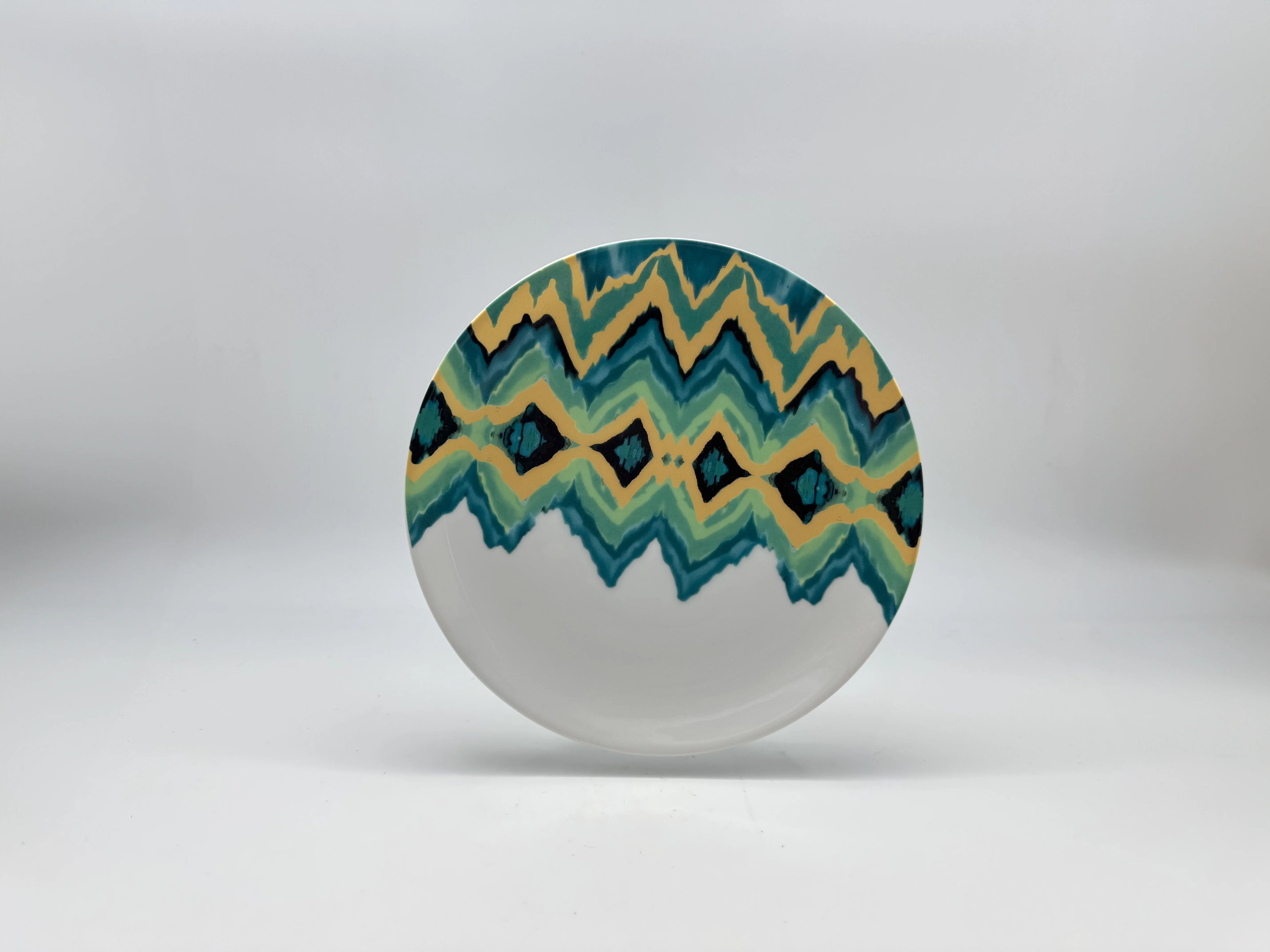 Aqua Zigzag porcelain dessert plate (21 cm) with teal and yellow geometric design