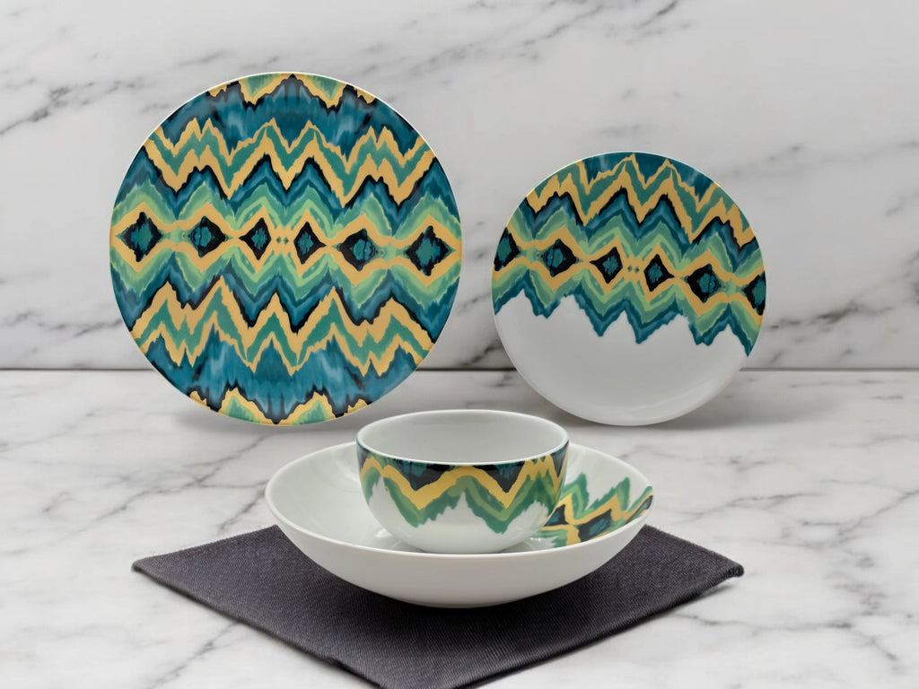 Aqua Zigzag porcelain dinnerware set displayed in a lifestyle setting