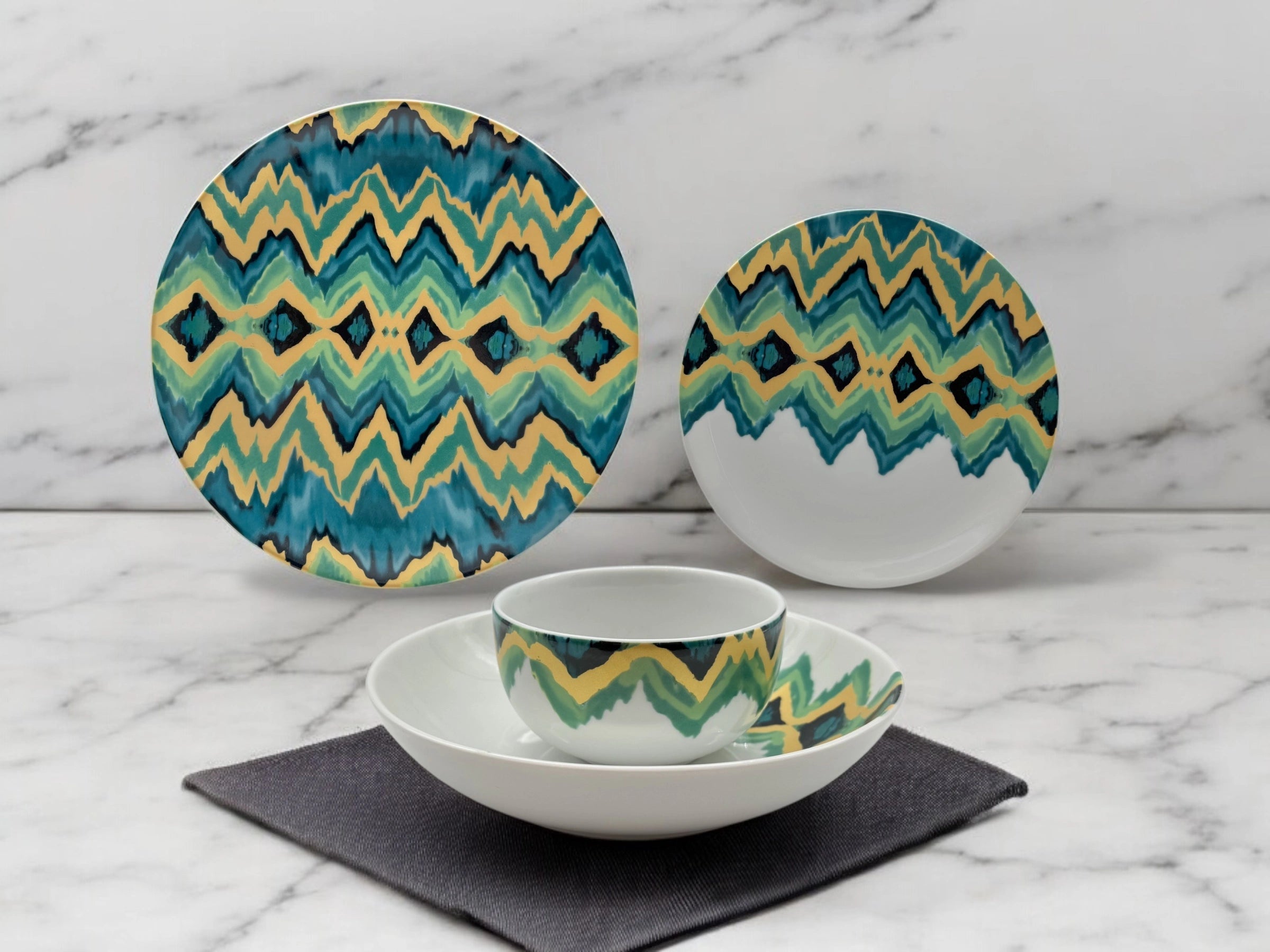 Aqua Zigzag porcelain dinnerware set displayed in a lifestyle setting
