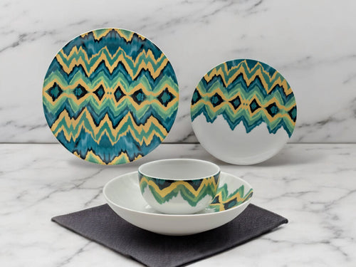 Aqua Zigzag porcelain dinnerware set displayed in a lifestyle setting