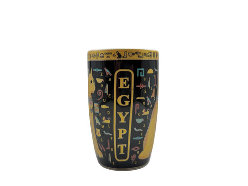 Bastet Egyptian cat mug with ‘Egypt’ text and colorful hieroglyphic design on the back