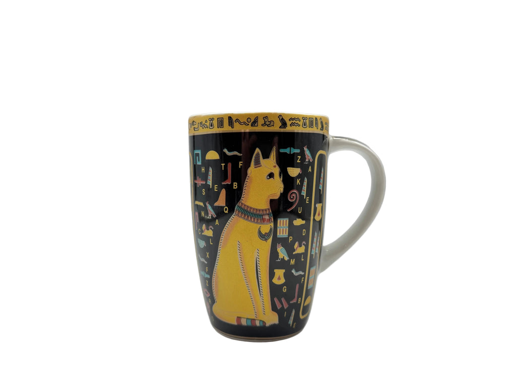 Bastet black and gold Egyptian cat mug featuring detailed Bastet artwork on the front