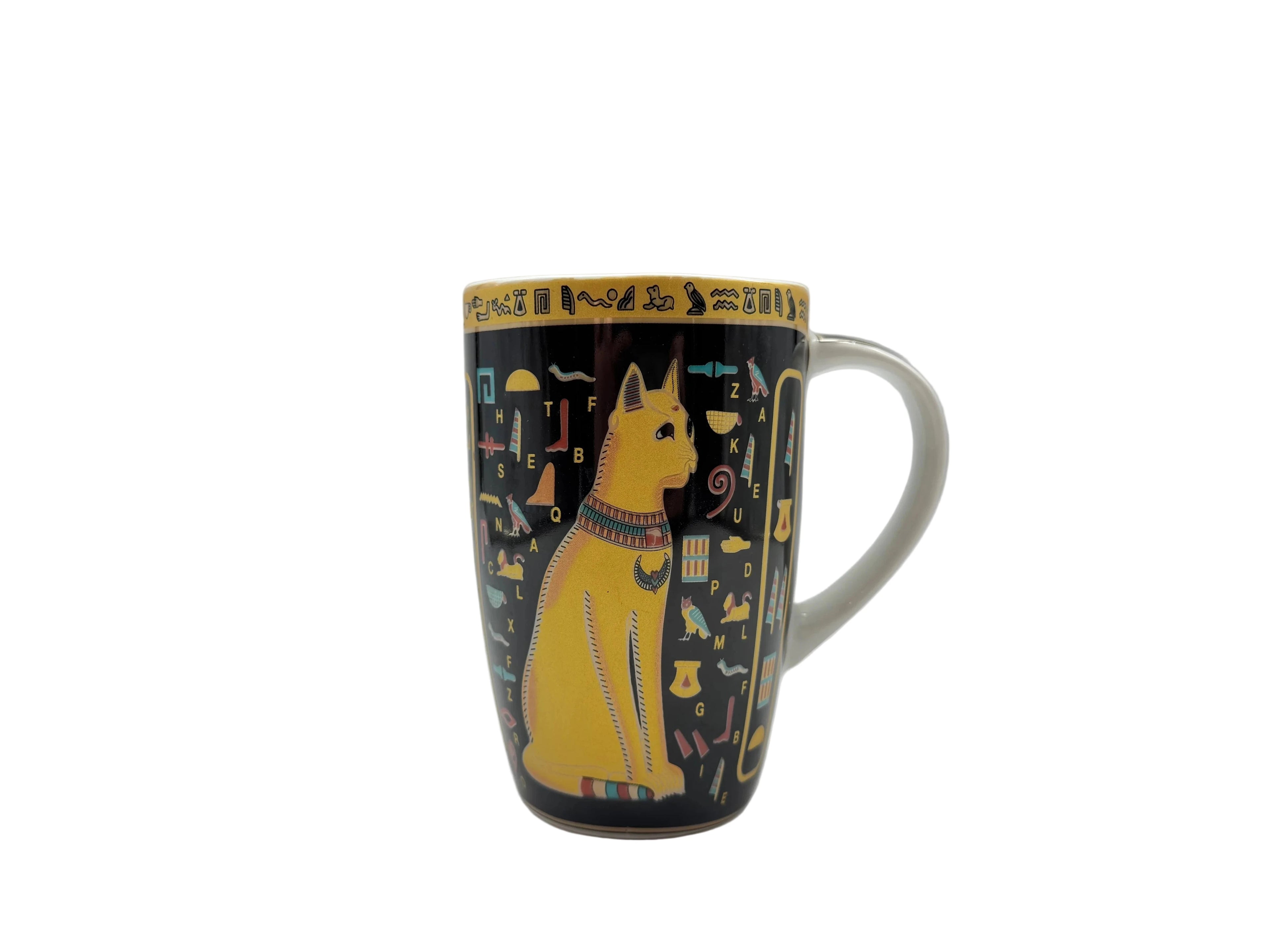 Bastet black and gold Egyptian cat mug featuring detailed Bastet artwork on the front