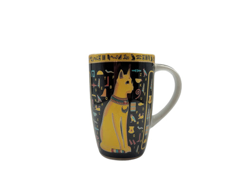 Bastet black and gold Egyptian cat mug featuring detailed Bastet artwork on the front
