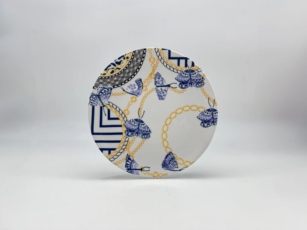Blue and gold chain-pattern porcelain dinner plate