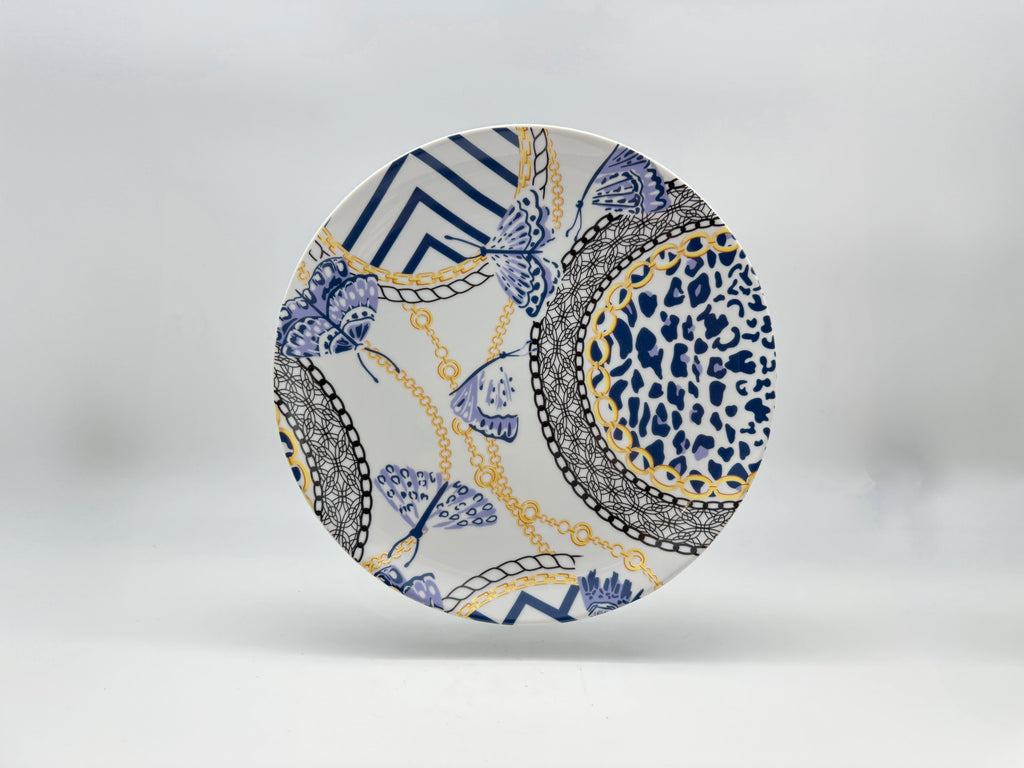 Blue and gold chain-pattern porcelain dessert plate