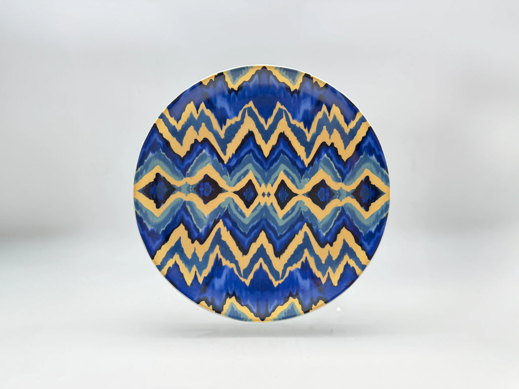 Blue Sahara dinner plate with full blue and gold patterned design