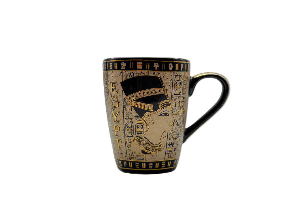 Egyptian porcelain mug with Cleopatra artwork in beige and gold – front view.