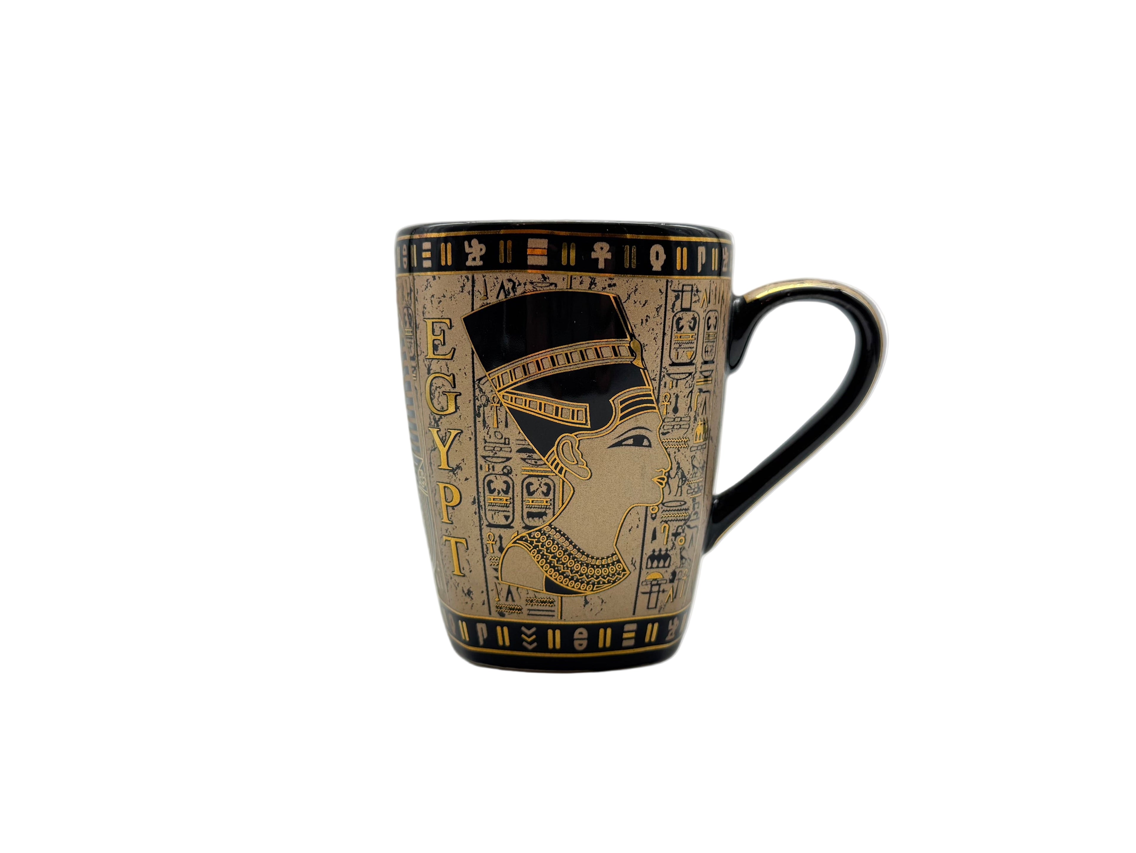 Egyptian porcelain mug with Cleopatra artwork in beige and gold – front view.
