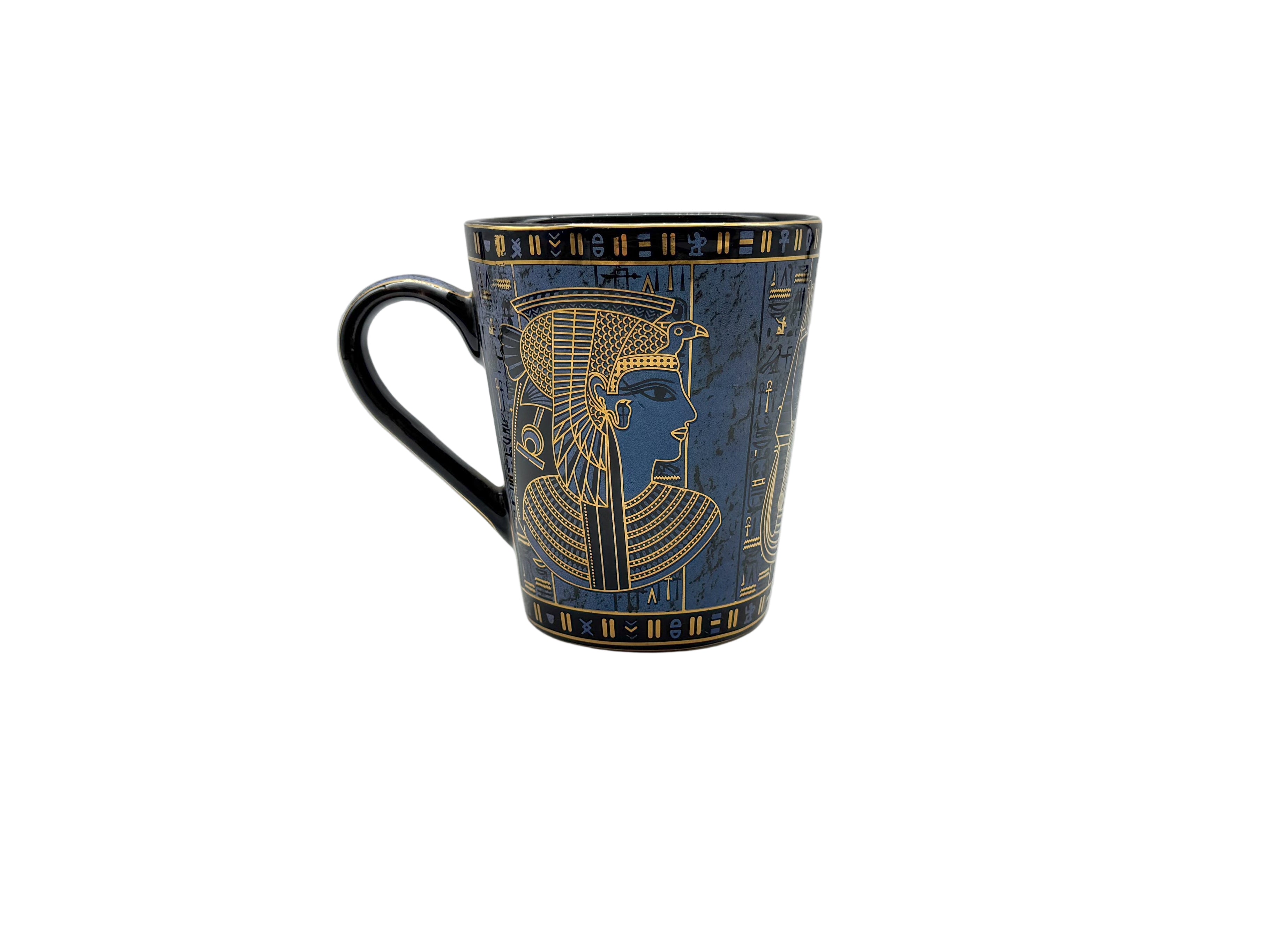 360-degree Egyptian mug featuring Cleopatra and pharaoh faces with golden hieroglyphics.