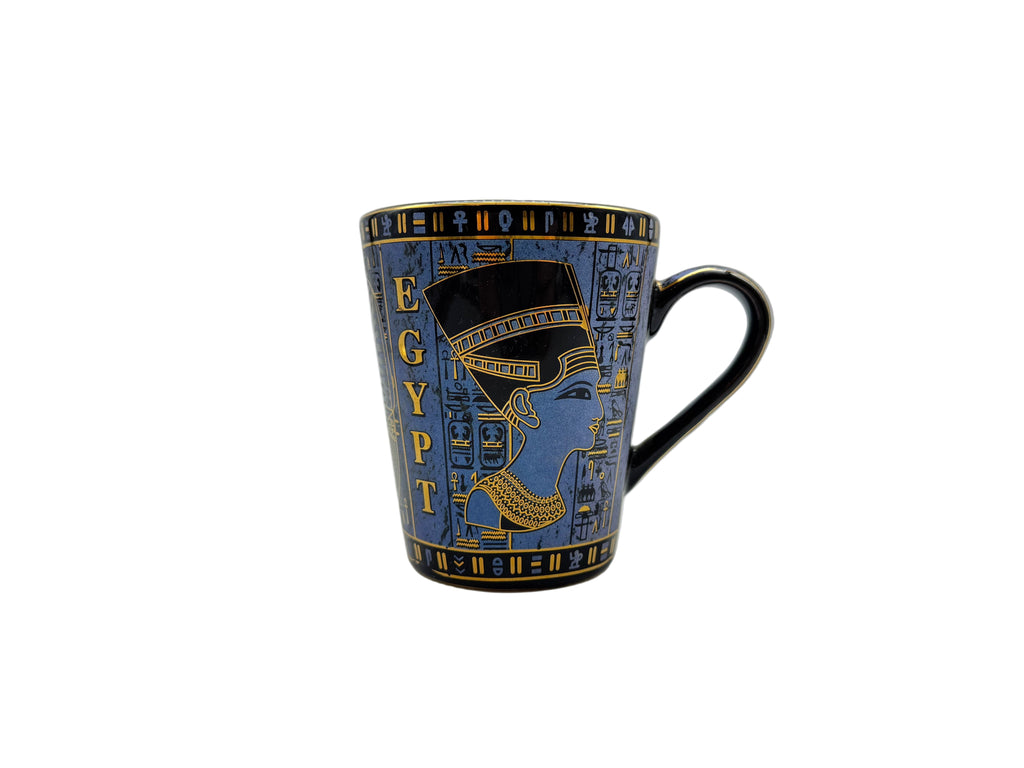 Egyptian porcelain mug with Cleopatra artwork in blue and gold – front view.
