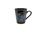 Egyptian porcelain mug with Cleopatra artwork in blue and gold – front view.