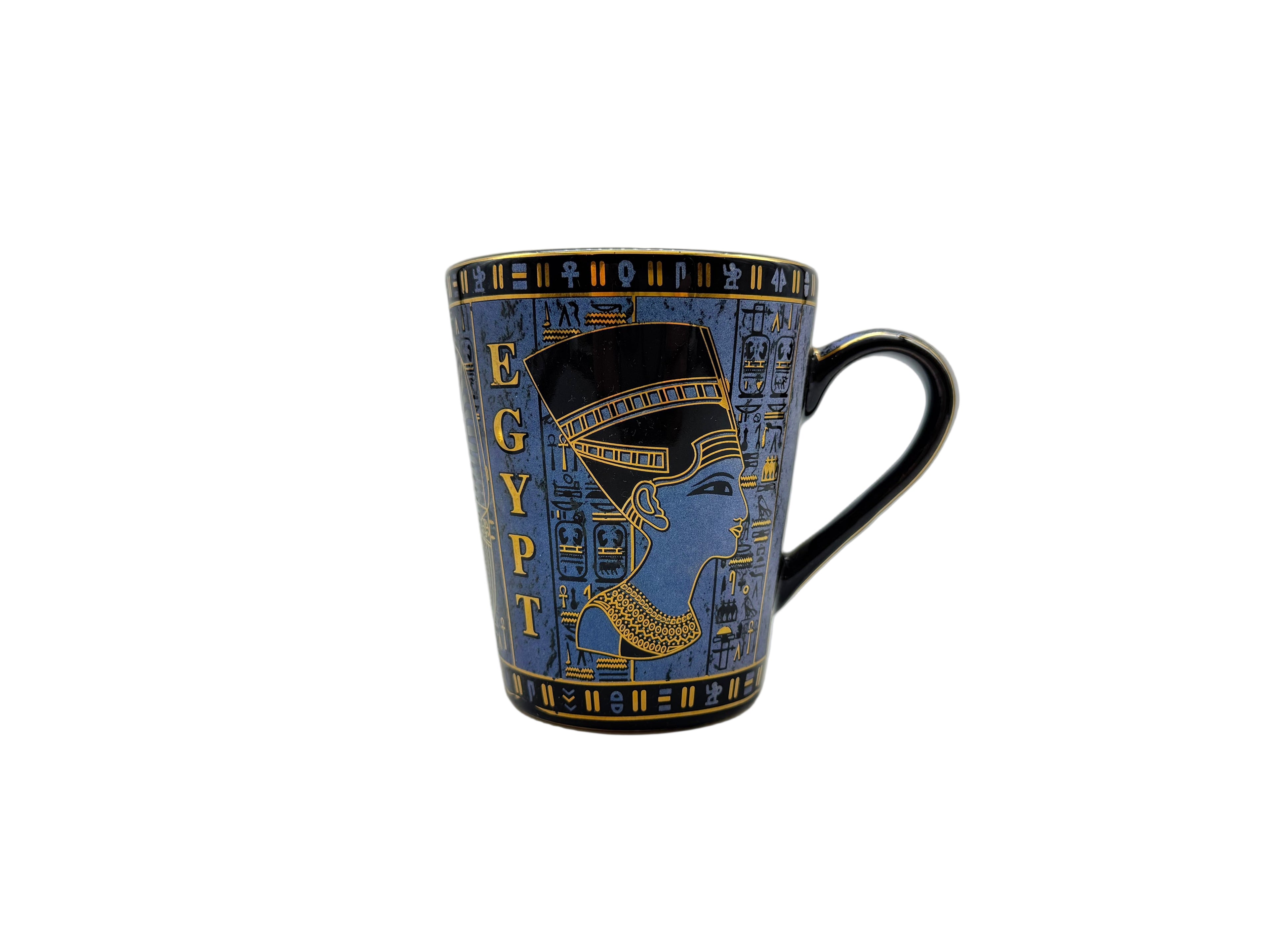Egyptian porcelain mug with Cleopatra artwork in blue and gold – front view.