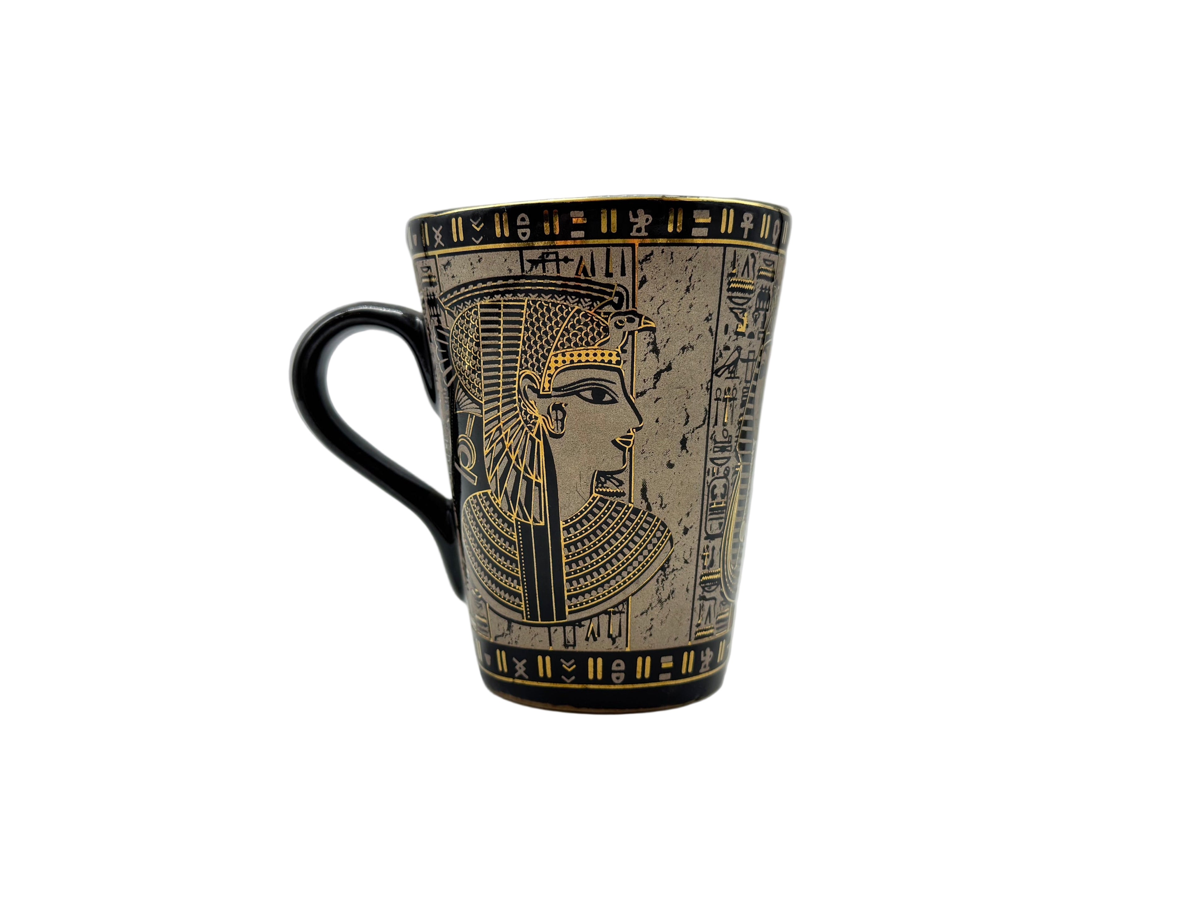 360-degree Egyptian mug featuring Cleopatra and pharaoh faces with golden hieroglyphics.