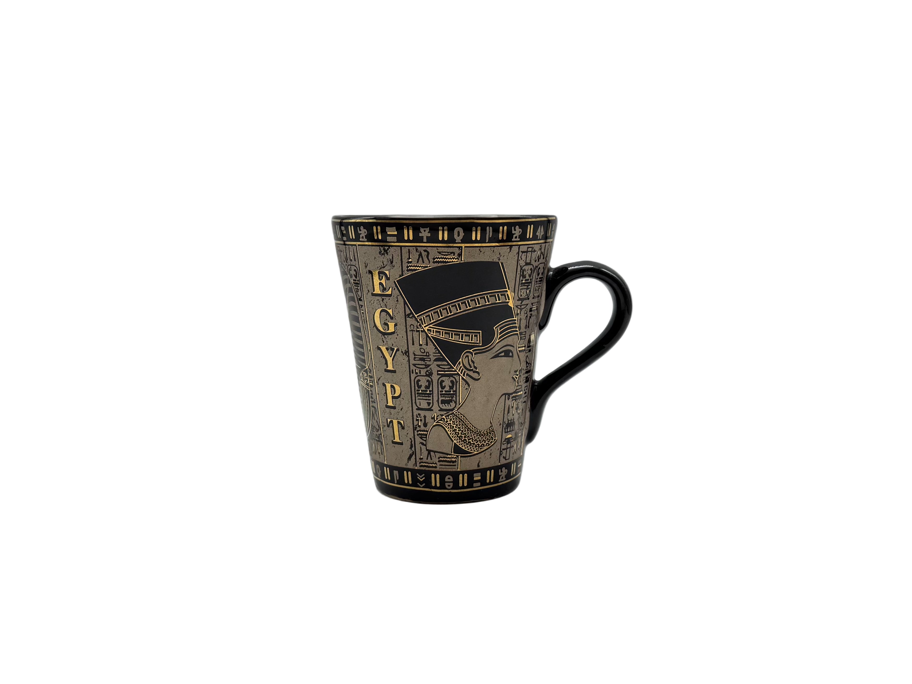 Egyptian porcelain mug with Cleopatra artwork in bronze and gold – front view.
