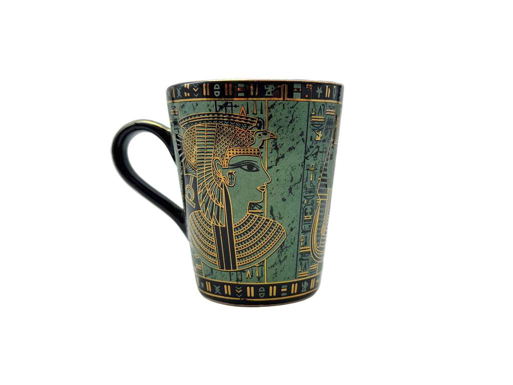 360-degree Egyptian mug featuring Cleopatra and pharaoh faces with golden hieroglyphics.
