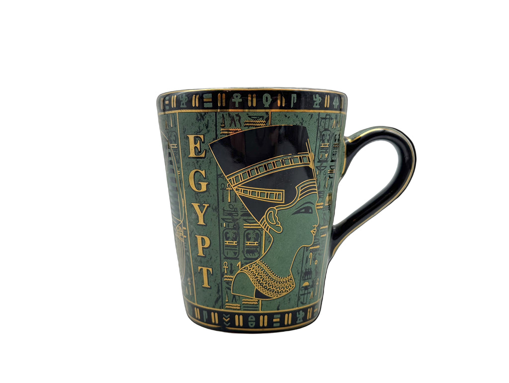 Egyptian porcelain mug with Cleopatra artwork in green and gold – front view.
