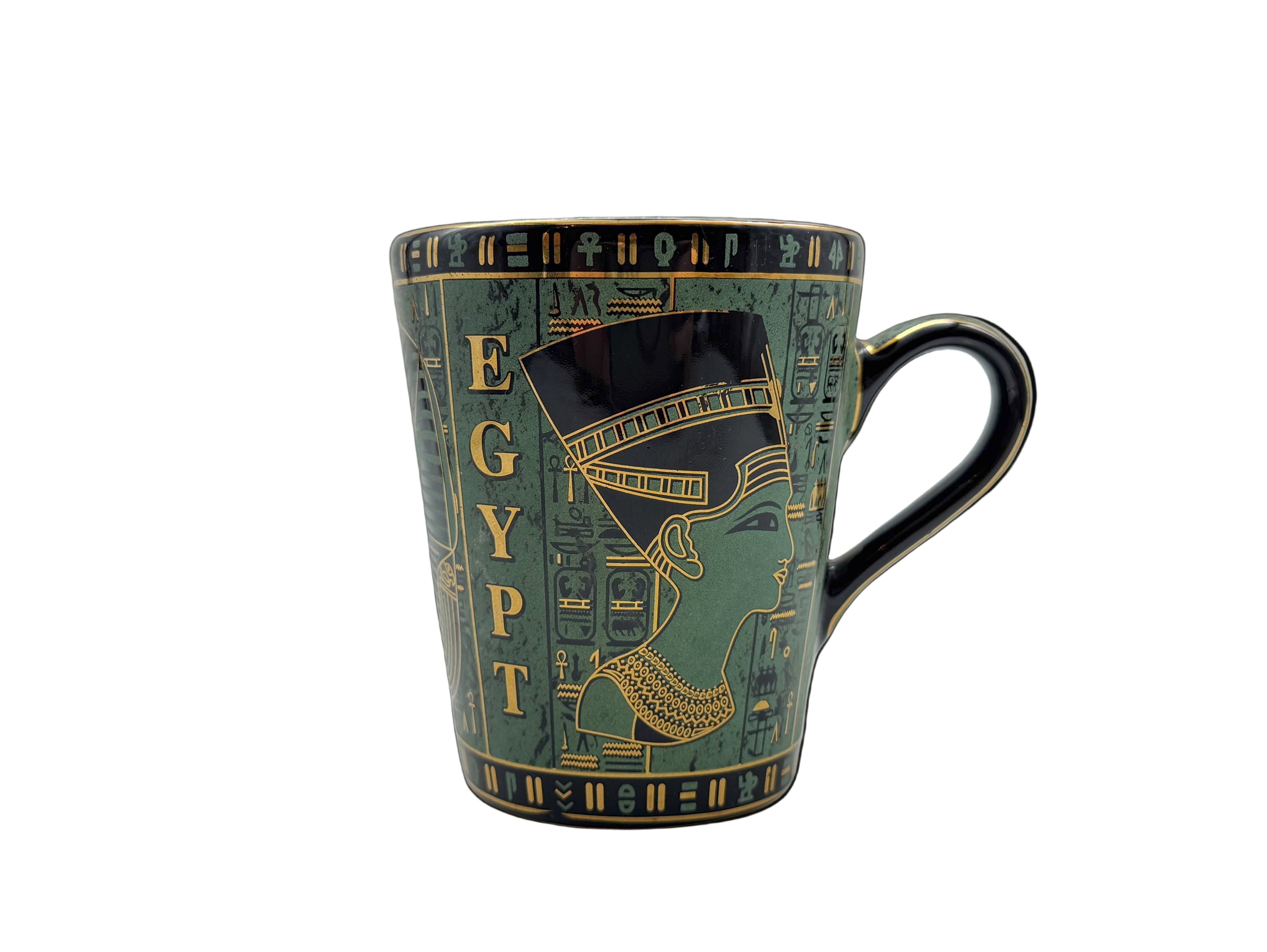 Egyptian porcelain mug with Cleopatra artwork in green and gold – front view.