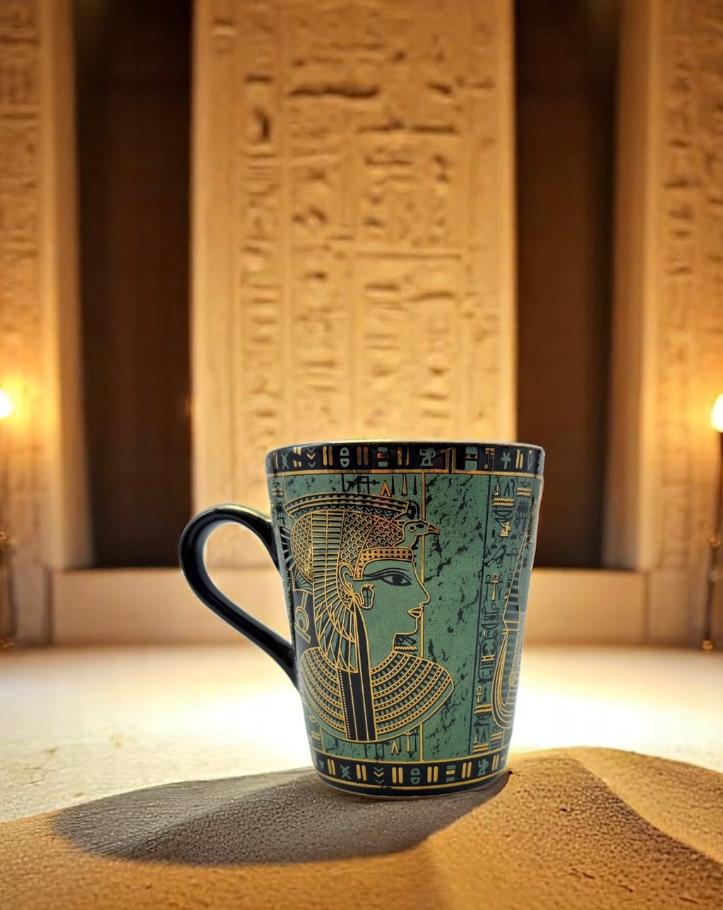 Egyptian porcelain mug displayed with ancient temple background and warm lighting.