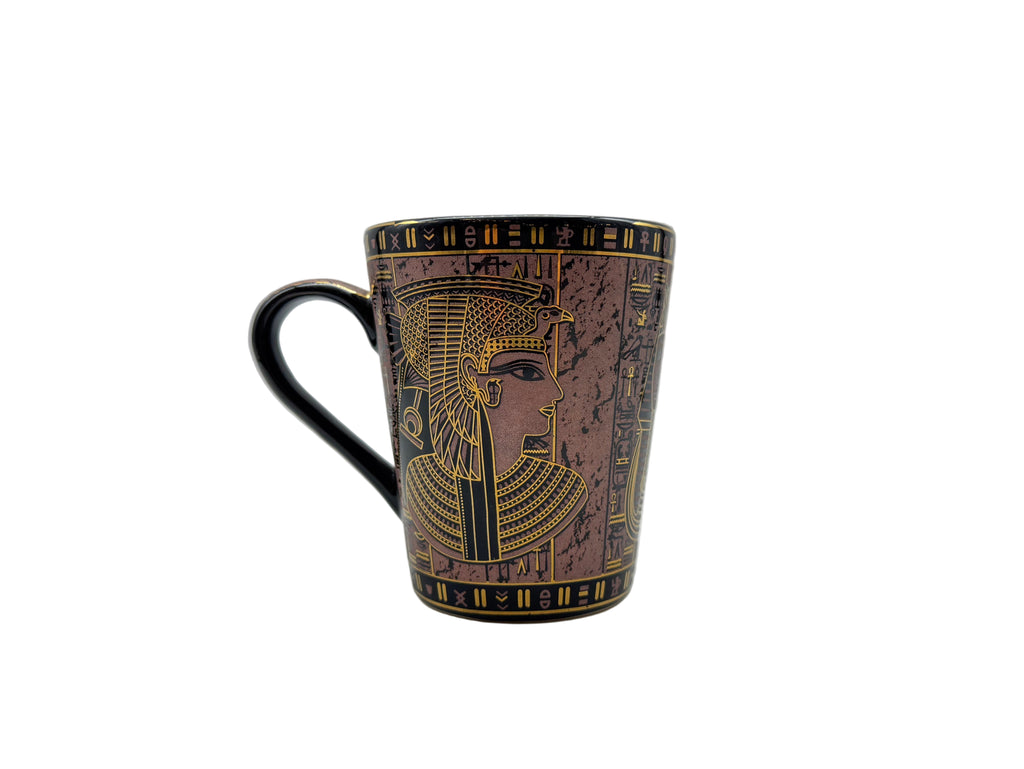 360-degree Egyptian mug featuring Cleopatra and pharaoh faces with golden hieroglyphics.