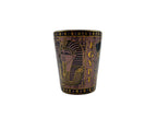 Porcelain mug with Egyptian pharaoh design and hieroglyphics in pink and gold.