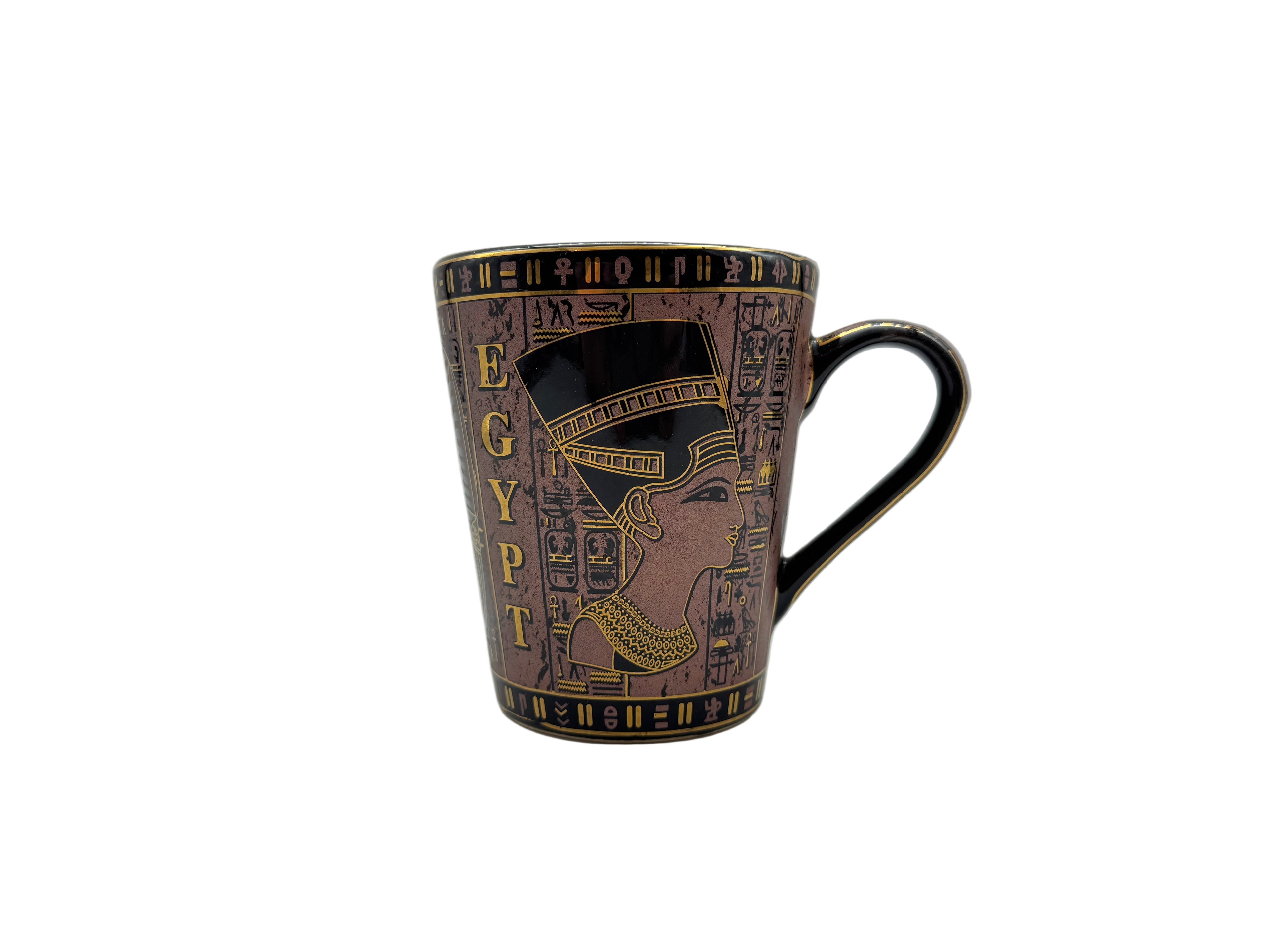 Egyptian porcelain mug with Cleopatra artwork in pink and gold – front view.