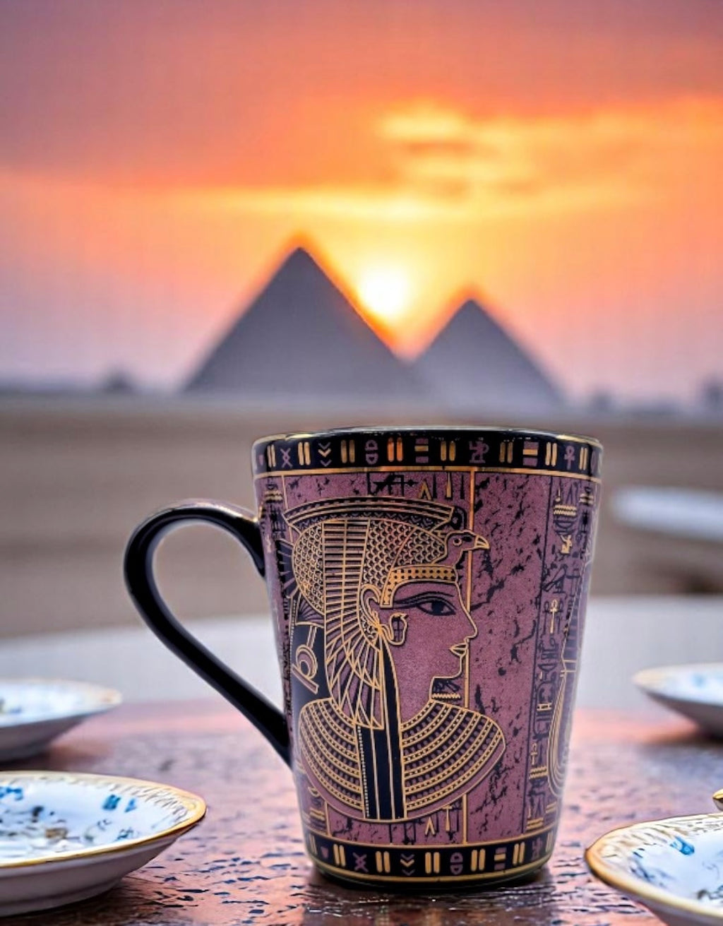 Cleopatra Egyptian porcelain mug in pink with gold hieroglyphics, photographed with pyramids at sunset.