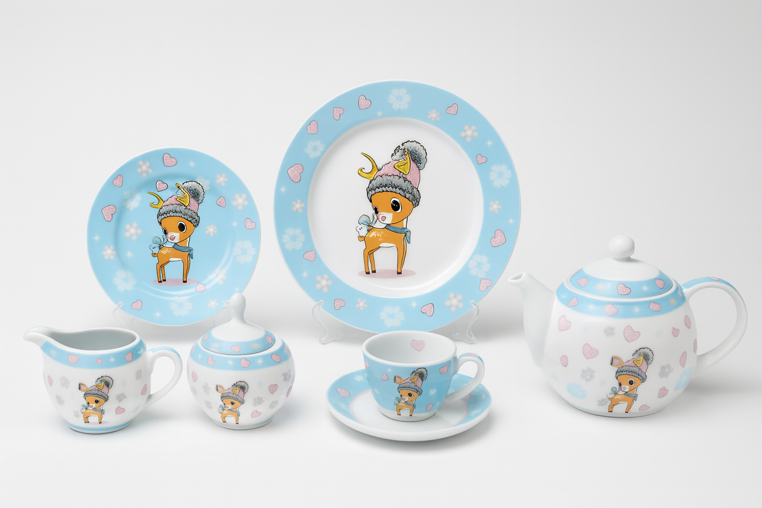 Fawn Winter Bloom 24-piece porcelain set with light blue winter design and cute fawn illustration