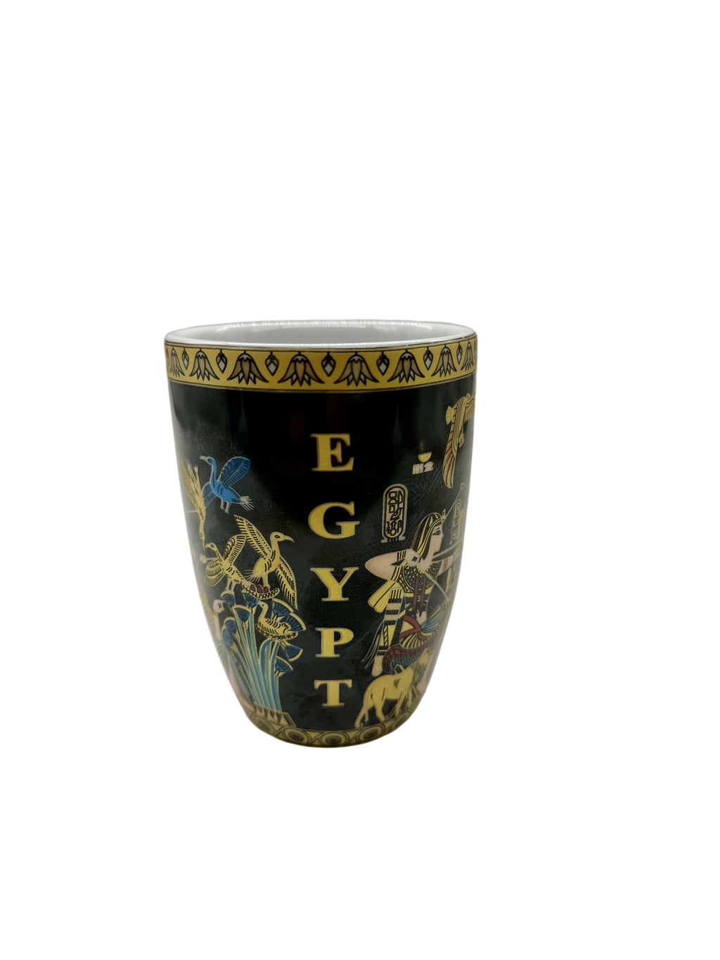 Golden Nile Papyrus Scene Mug featuring Egyptian hieroglyphs and decorative papyrus-style design on the back