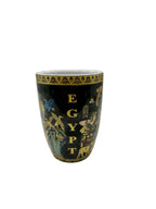 Golden Nile Papyrus Scene Mug featuring Egyptian hieroglyphs and decorative papyrus-style design on the back