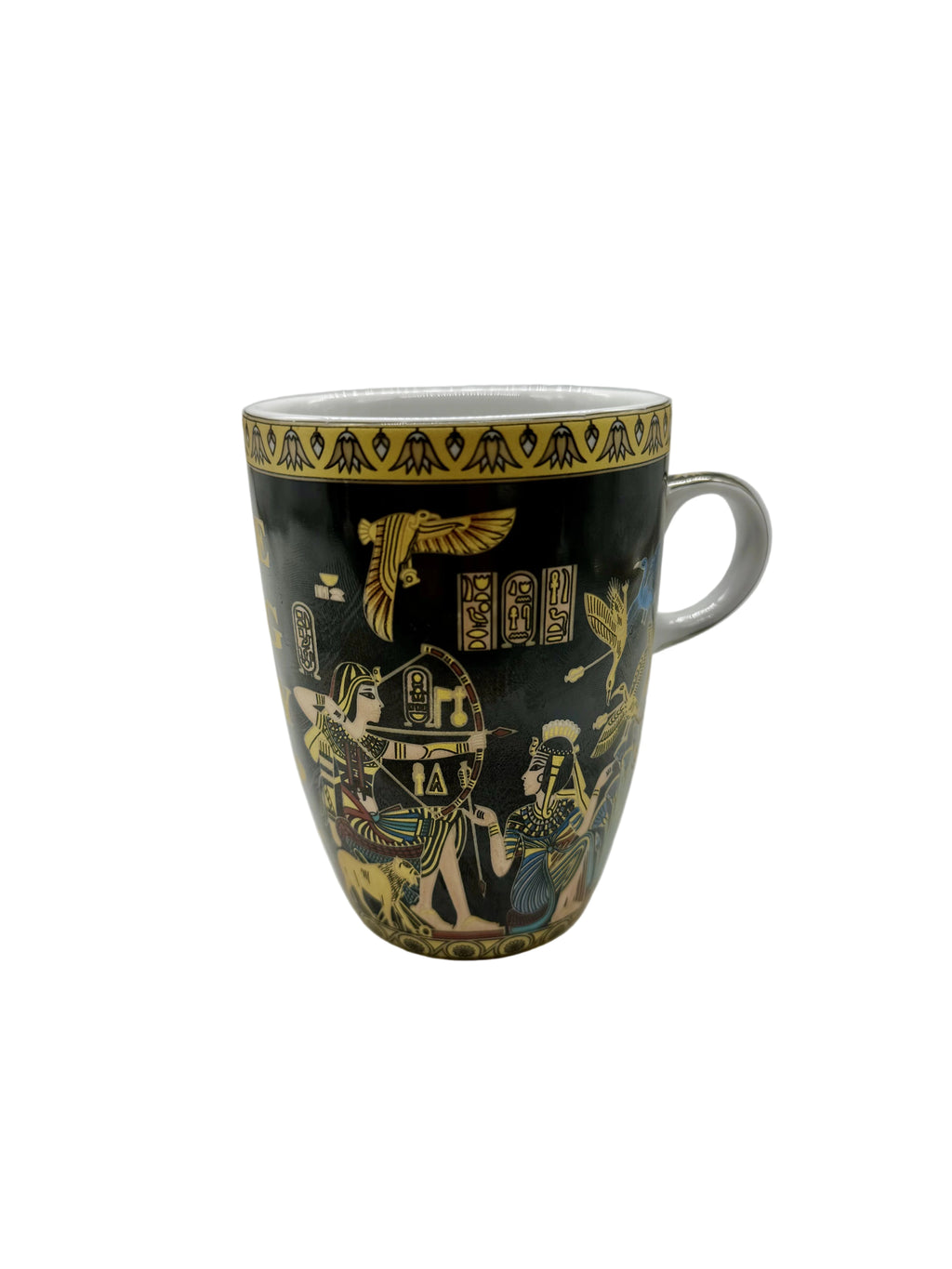 Golden Nile Papyrus Scene Mug with detailed ancient Egyptian papyrus artwork on the front