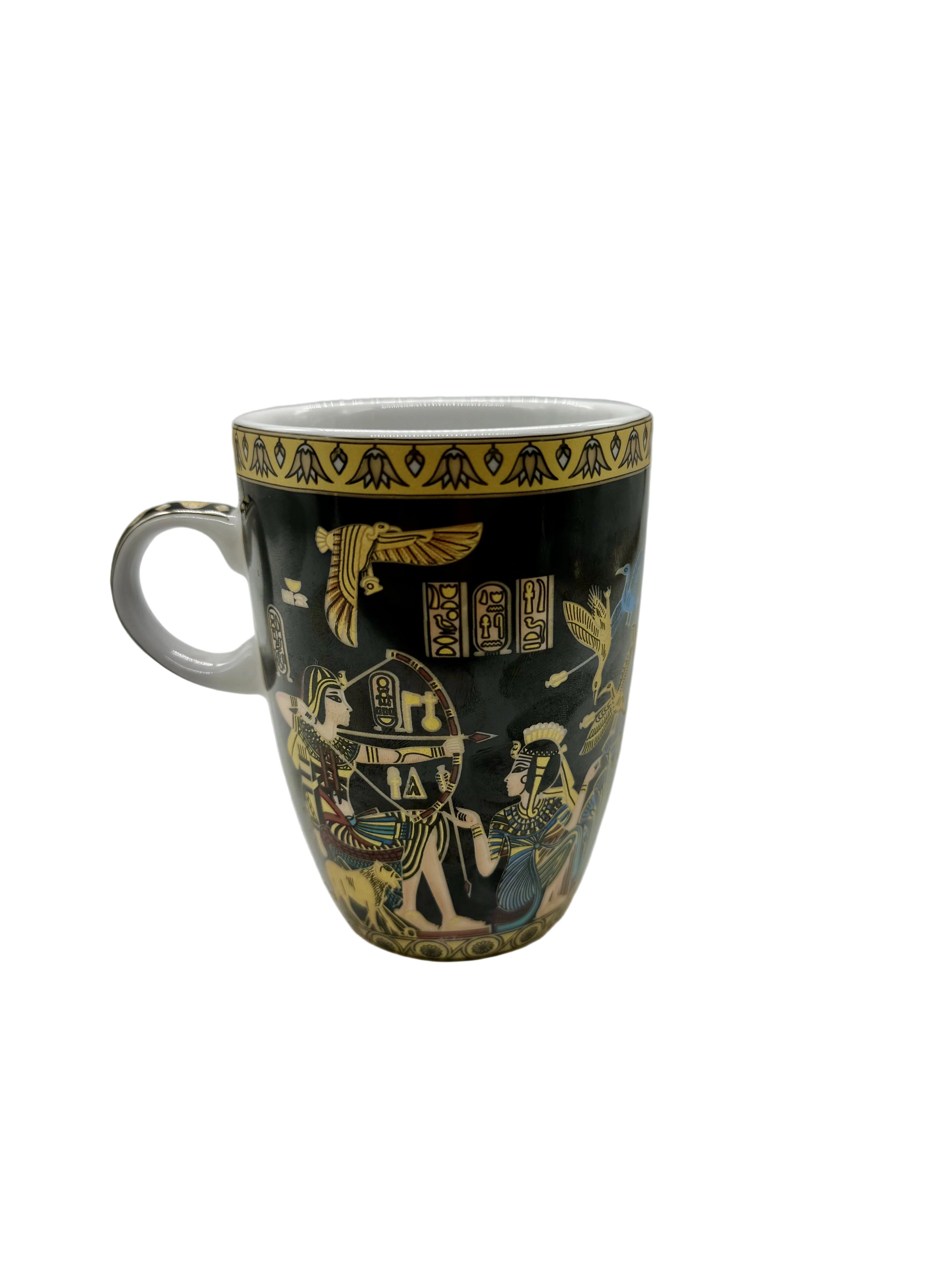 Side view of Golden Nile Papyrus Scene Mug showing golden papyrus artwork and Egyptian motifs