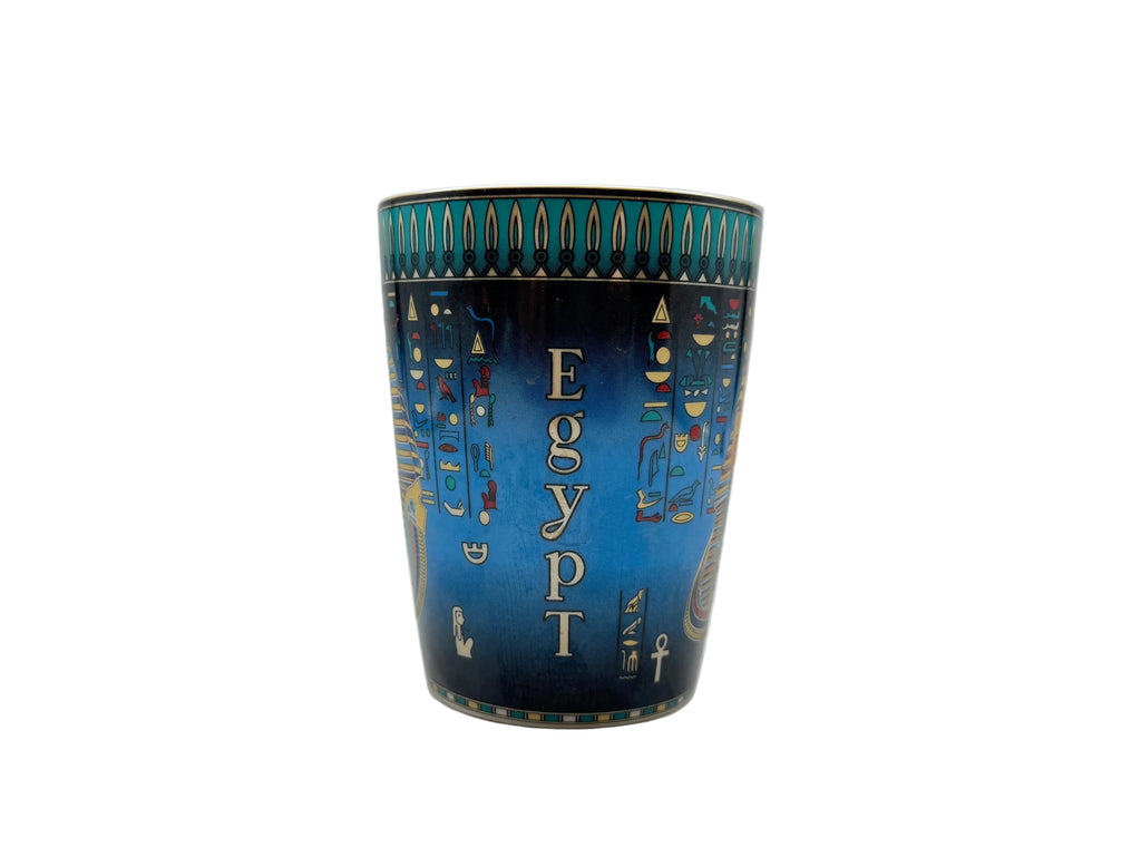 King Tut blue Egyptian mug with ‘Egypt’ text and hieroglyphic symbols on the back