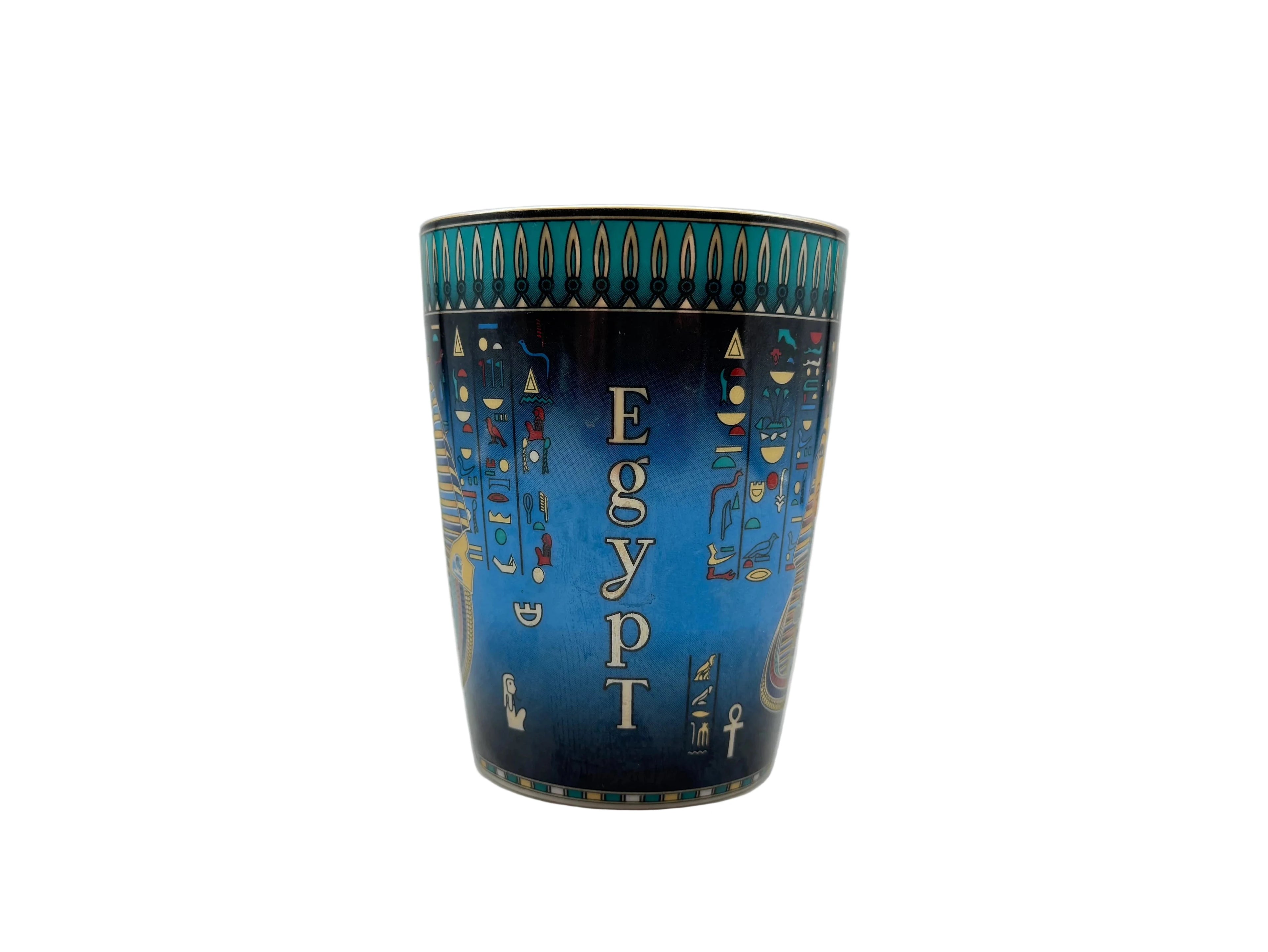 King Tut blue Egyptian mug with ‘Egypt’ text and hieroglyphic symbols on the back