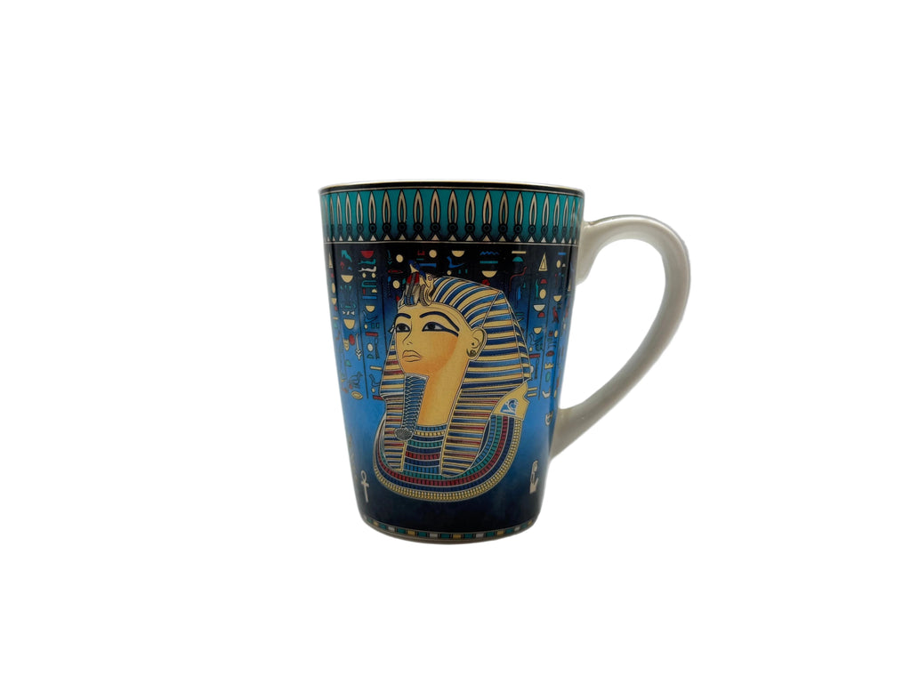 King Tut blue Egyptian pharaoh mug showing detailed Tutankhamun artwork on the front.