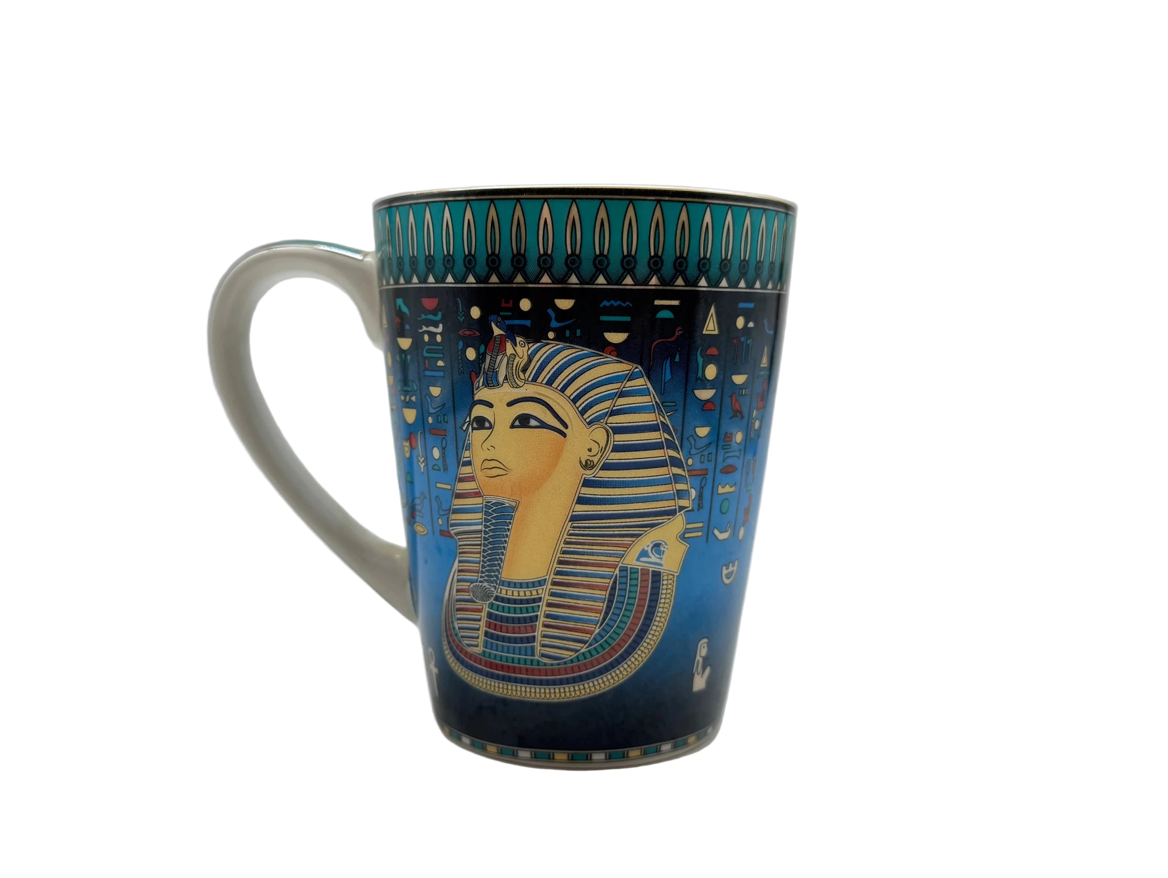 Side view of King Tut blue pharaoh mug featuring Tutankhamun profile and Egyptian motifs