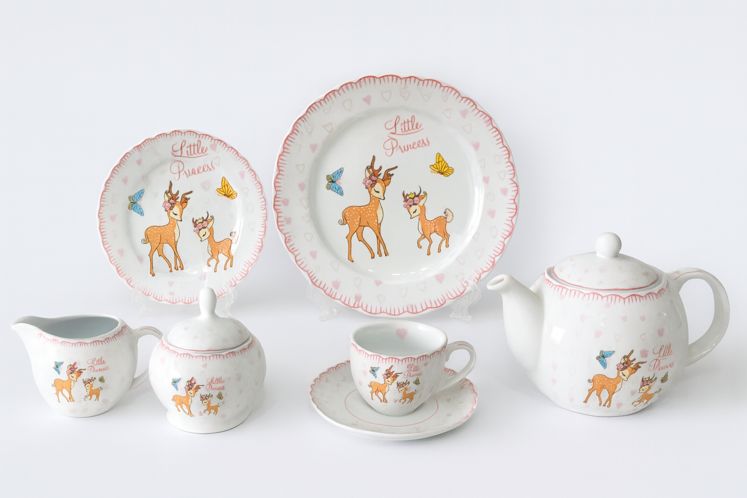 Little Princess deer porcelain dessert set with plates, teapot, cup, and accessories on white background