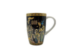 Front view of the Mesu Hunter Mug, a black ceramic mug with gold ancient Egyptian artwork and papyrus motifs, photographed on a white background