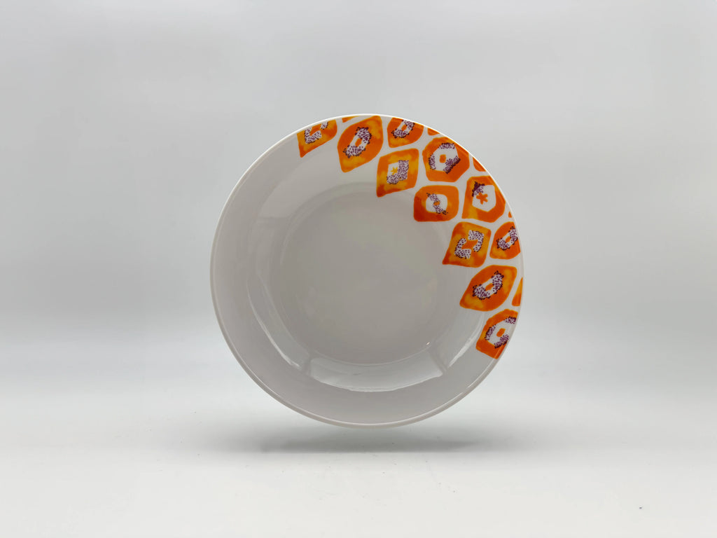 Mosaic Bloom deep plate with orange and purple rim pattern