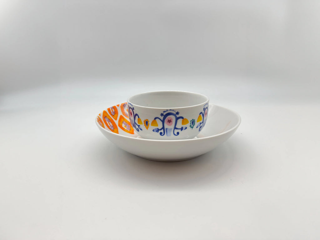 Mosaic Bloom set featuring deep plate and soup bowl with matching patterns