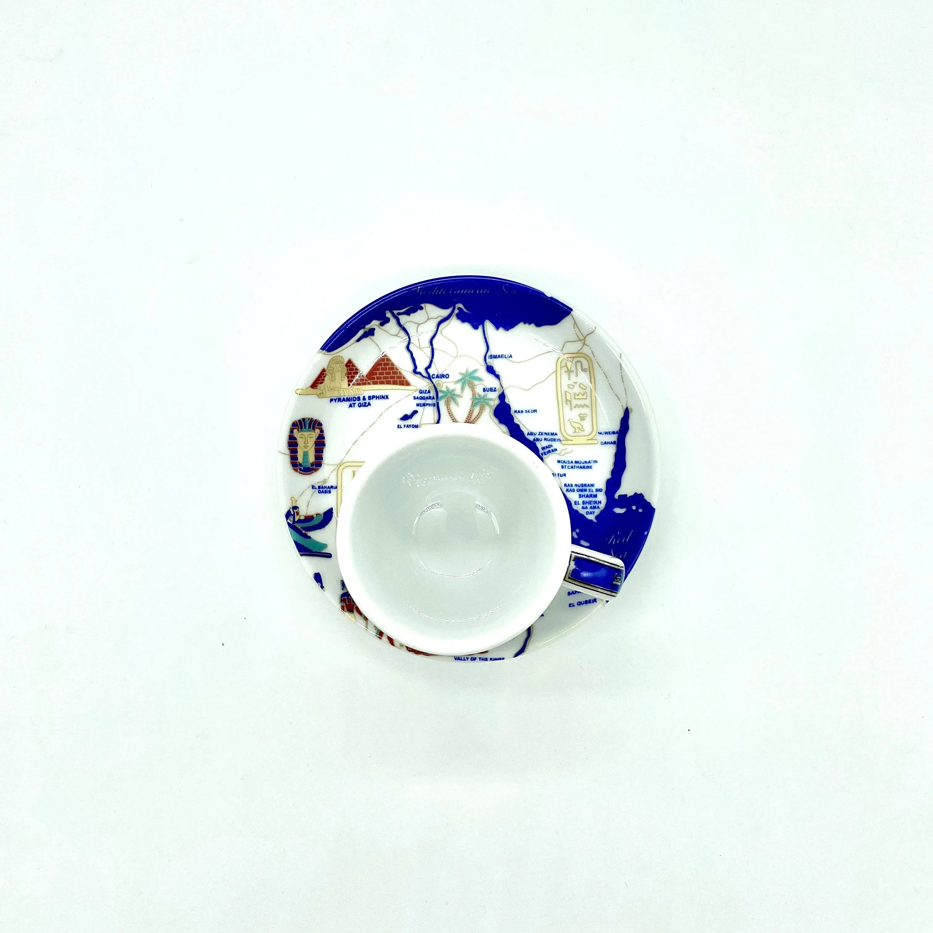 Top-down view of the Nile Valley Map cup placed on its matching plate with illustrated Egypt map artwork