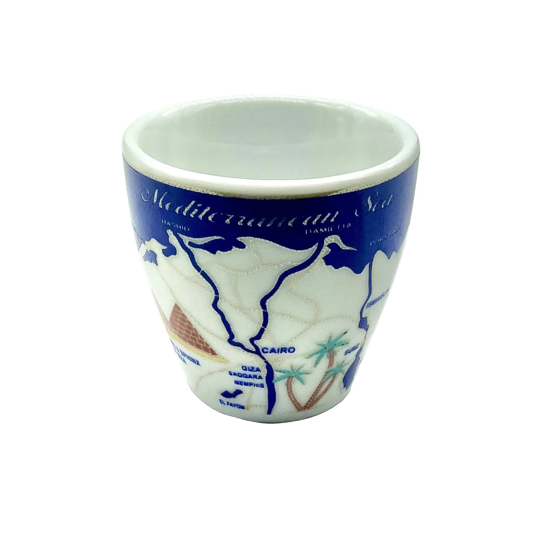 Front angle of the Nile Valley Map cup showing the illustrated Egypt map, pyramids, and landmarks