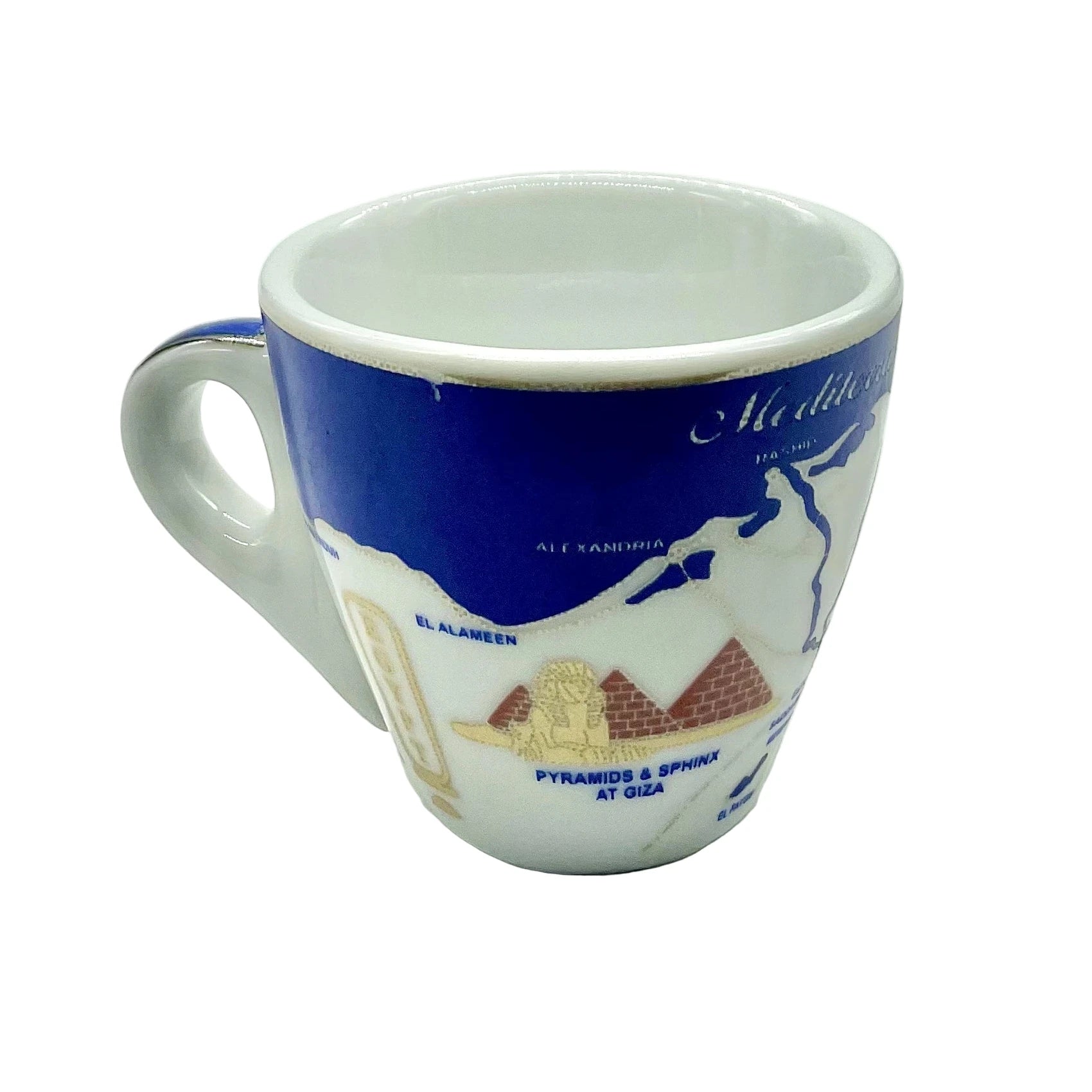 Handle-side view of the Nile Valley Map cup with blue coastline artwork and Egyptian map details