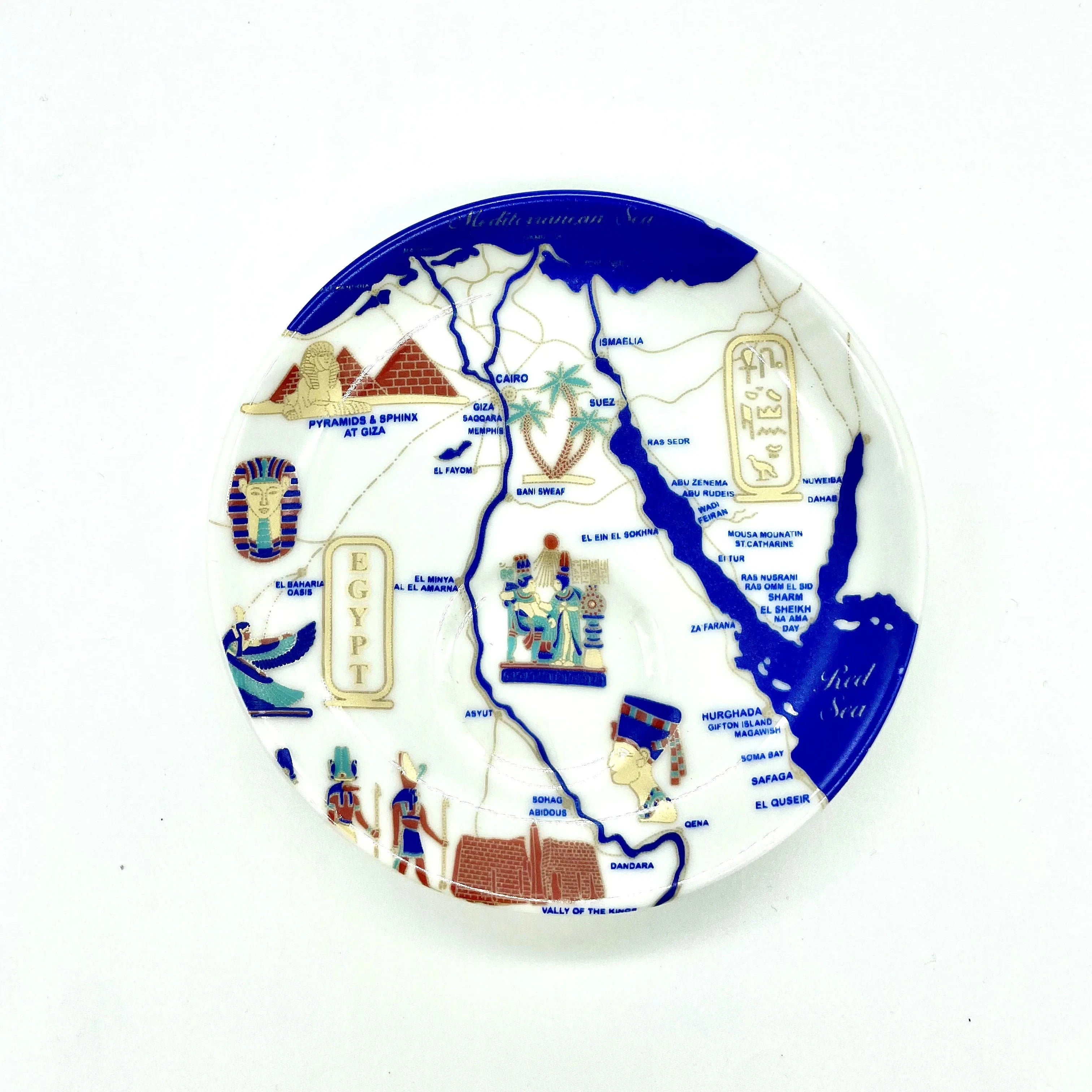 Top view of the Nile Valley Map plate featuring Egyptian landmarks, pyramids, and a blue-and-white map design