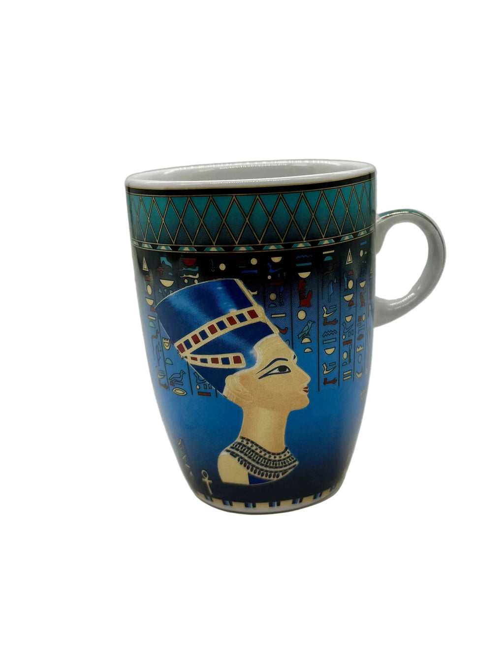 Queen Nefertiti blue Egyptian mug featuring detailed Nefertiti artwork on the front